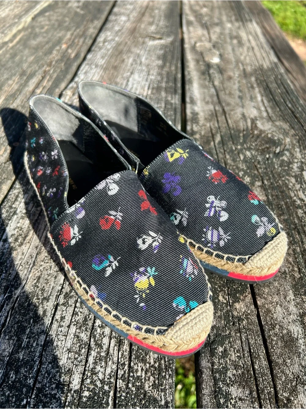 Diane Von Furstenberg Black Canvas Floral Loafers Espadrilles Platforms